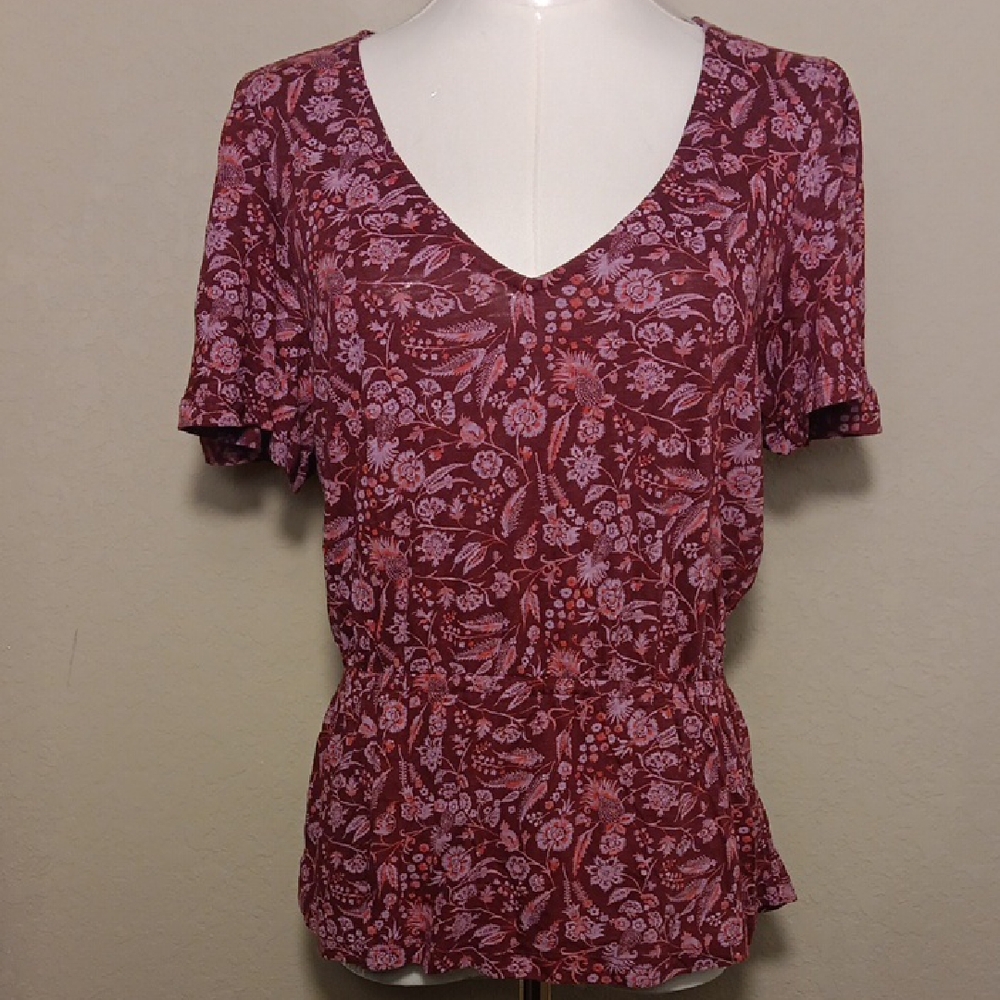 NWT. Lucky Brand Maroon Floral V-Neck Blouse